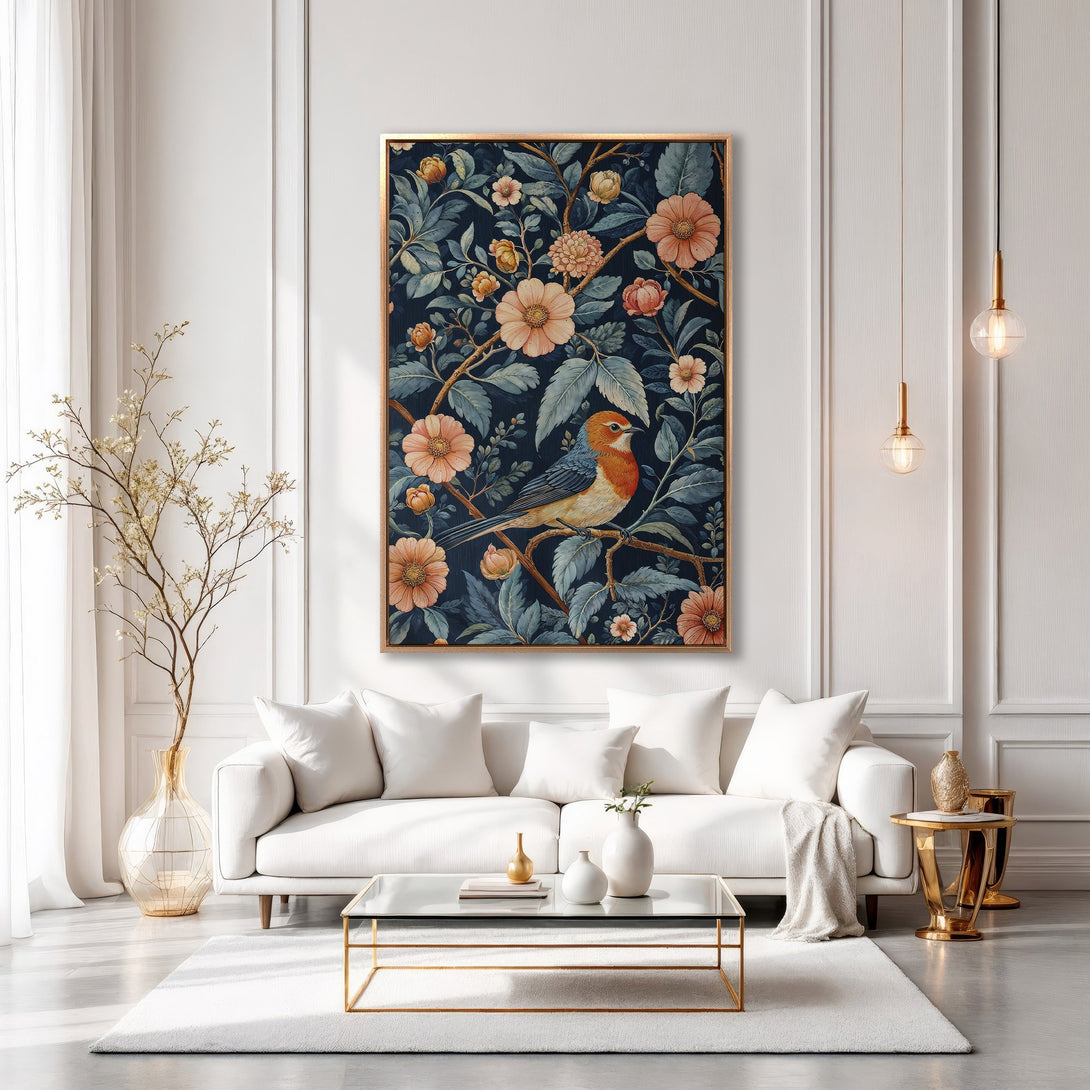 Framed Wall Art featuring a bird and floral design in navy, peach, and teal. Perfect for adding a touch of elegance to your living room.