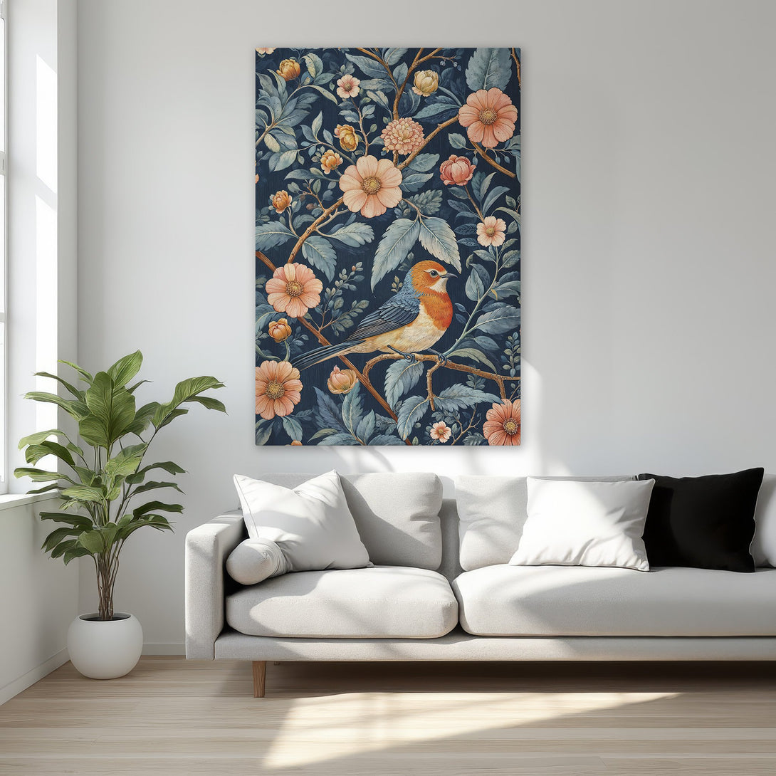 Framed Wall Art featuring a vibrant bird and floral design in a vintage style. The color palette includes teal, peach, and gold, perfect for adding elegance to any room.