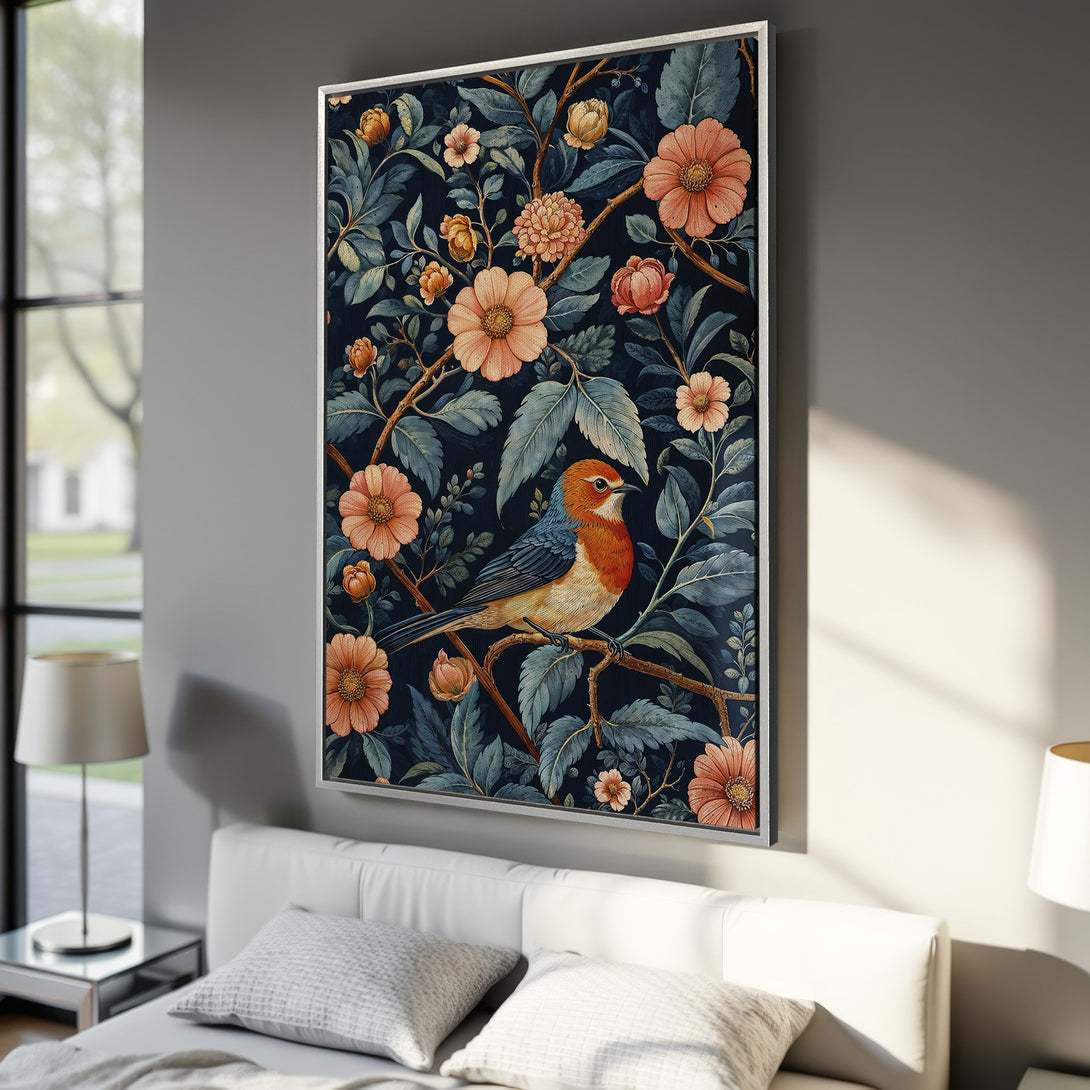 Framed Wall Art featuring a vibrant bird and floral design. Beautiful watercolor style with a rich teal, orange, and brown color palette. Perfect for adding a touch of nature.