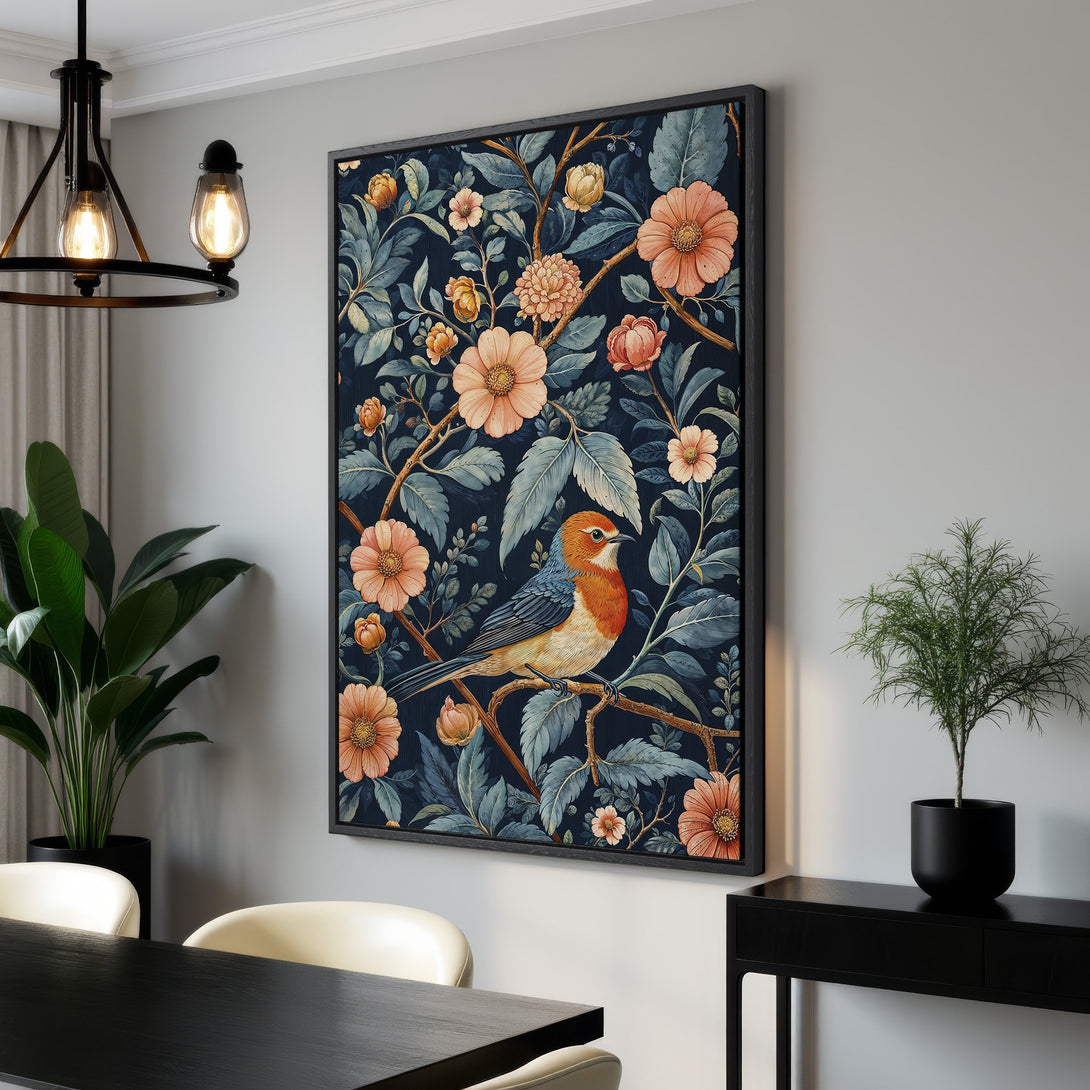 Framed Wall Art featuring a vibrant bird and floral design with a dark blue and peach color palette, perfect for adding a touch of elegance to any space.