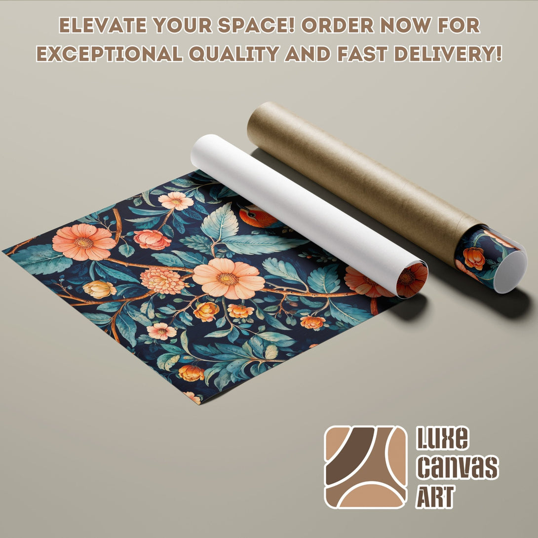 Poster Roll with floral design in teal, coral, and brown. Elevate your space with this beautiful art! Order now for fast delivery.