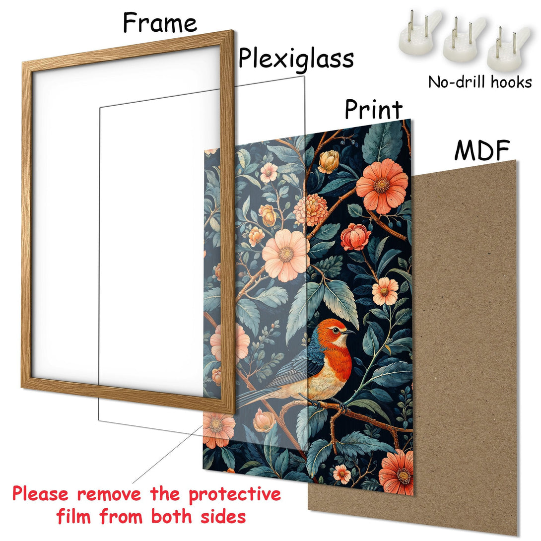 Framed Poster with floral and bird design. Features a botanical style with a dark blue, orange, and green color palette. Add art to your walls!