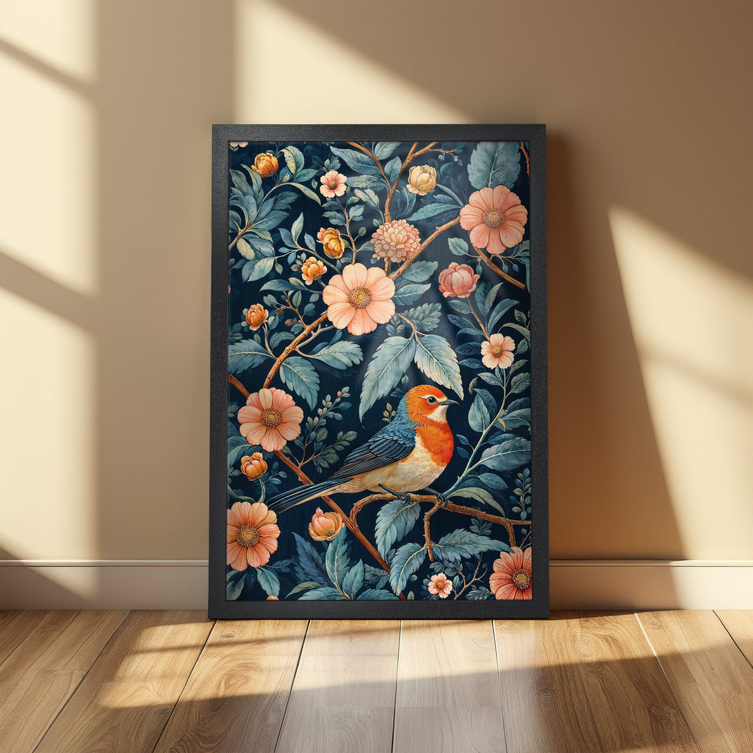 Framed Poster featuring a bird and floral design in a vintage style with a navy, peach, and teal color palette.