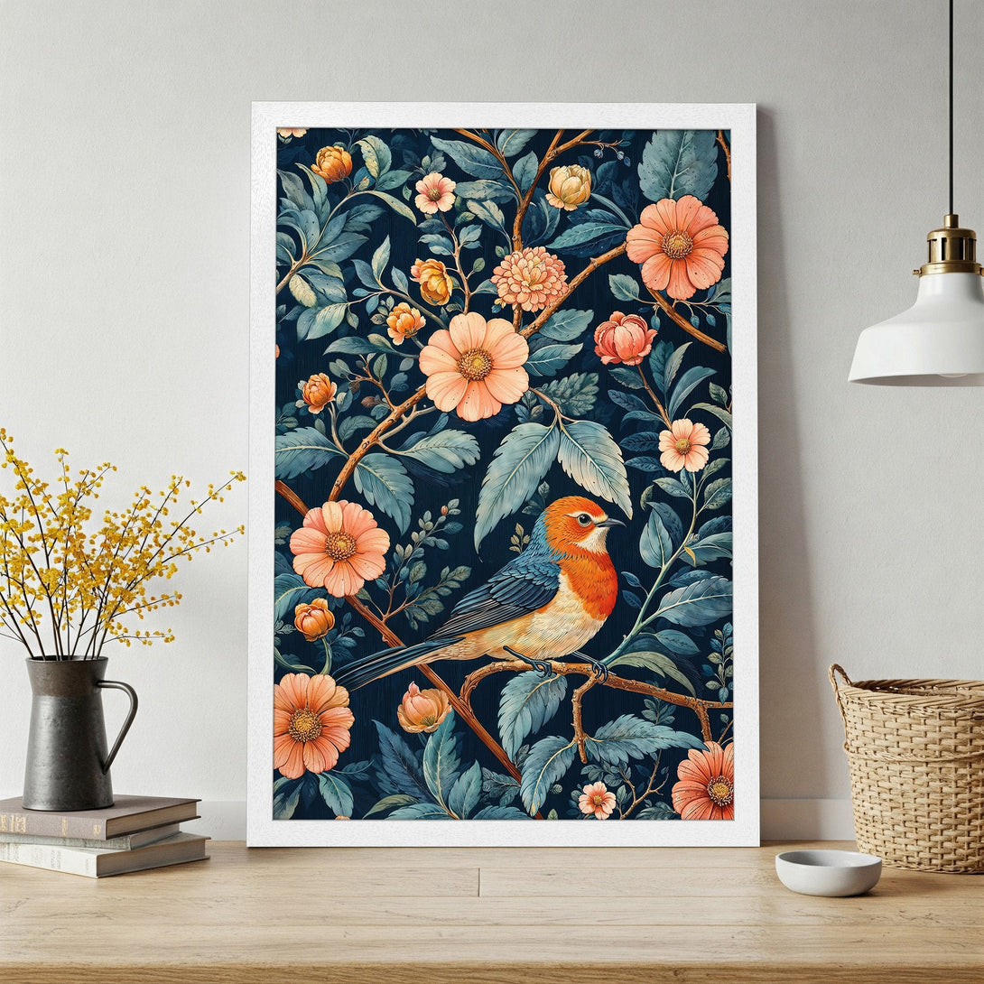 Framed Poster featuring a bird and floral design in a vintage style with a navy, peach, and teal color palette.