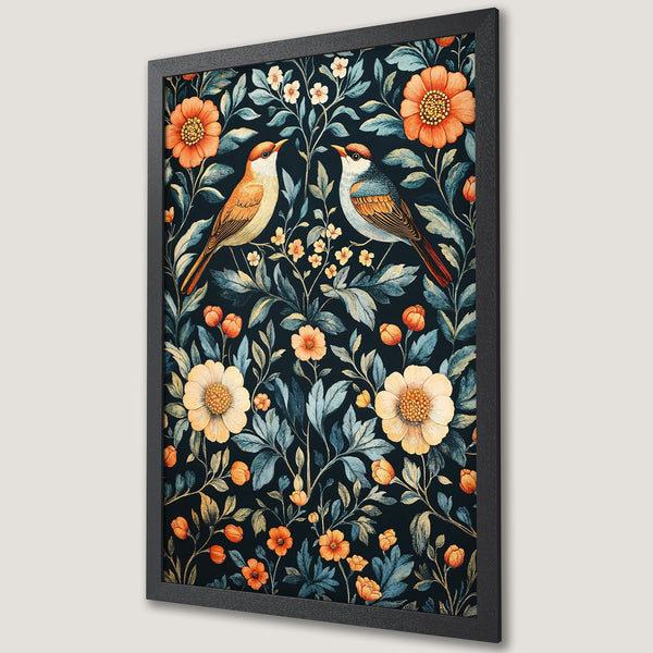 Framed Poster featuring birds and floral design in watercolor style. Dark blue background with orange and yellow accents. Perfect wall art!