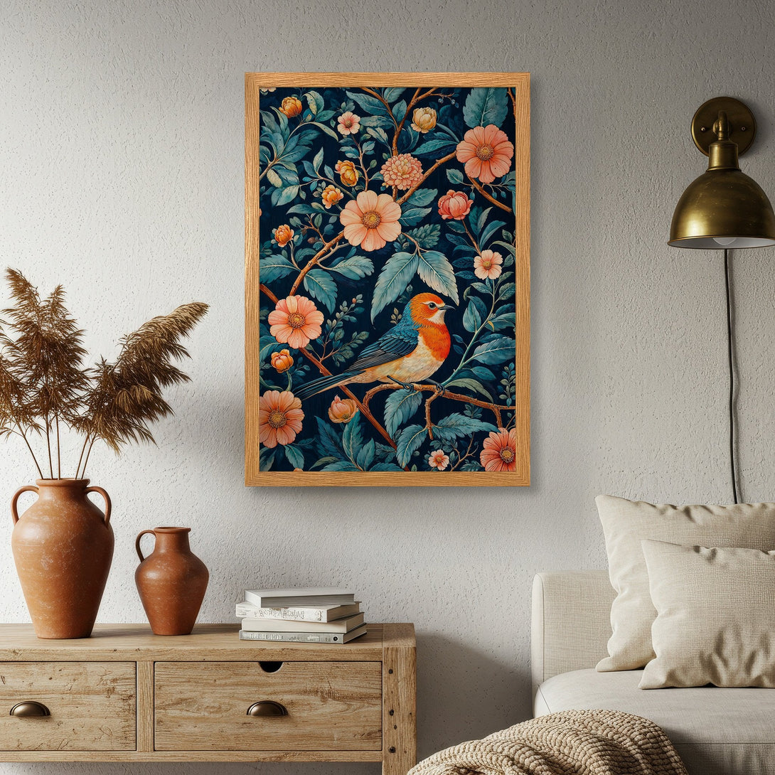 Framed Poster featuring a bird and floral design. Vintage style art with a teal, peach, and orange color palette. Perfect wall decor!