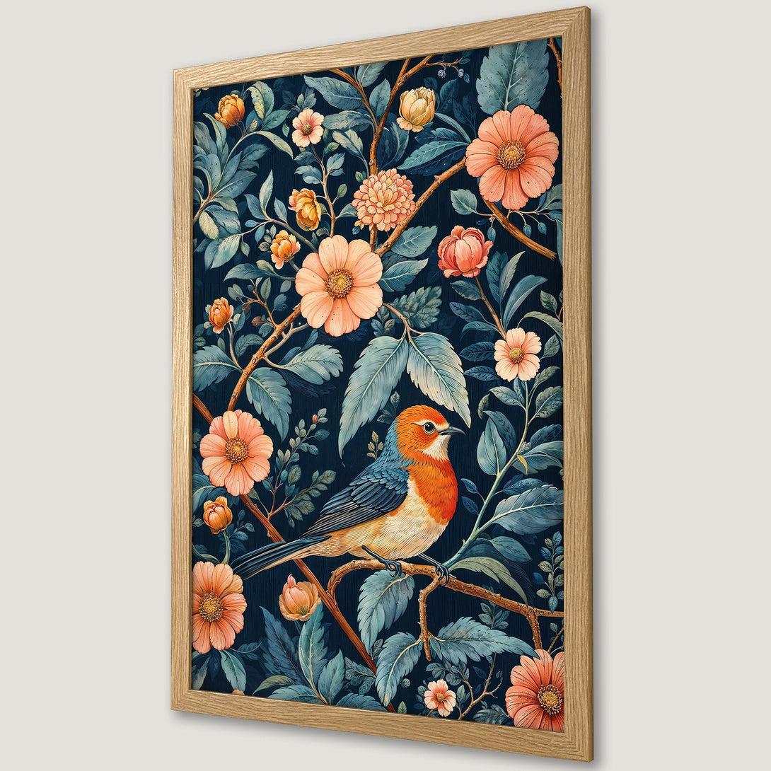 Framed Poster featuring a bird and floral design in a vintage style with a navy and peach color palette.