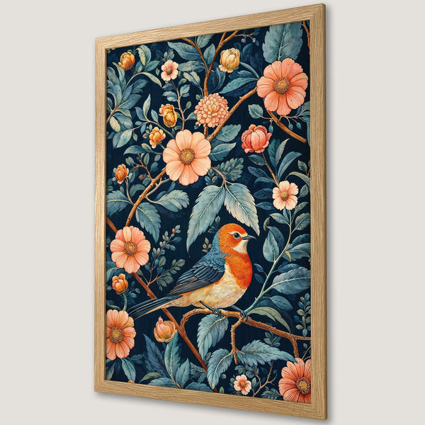 Framed Poster featuring a bird and floral design in a vintage style with a navy and peach color palette.