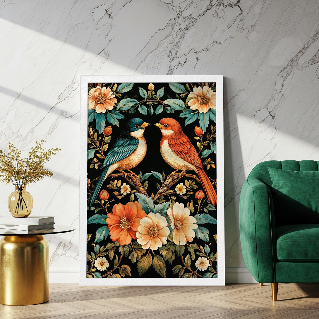 Framed Poster featuring colorful birds and floral design. Botanical art in a vintage style with a rich, warm color palette. Perfect wall decor!