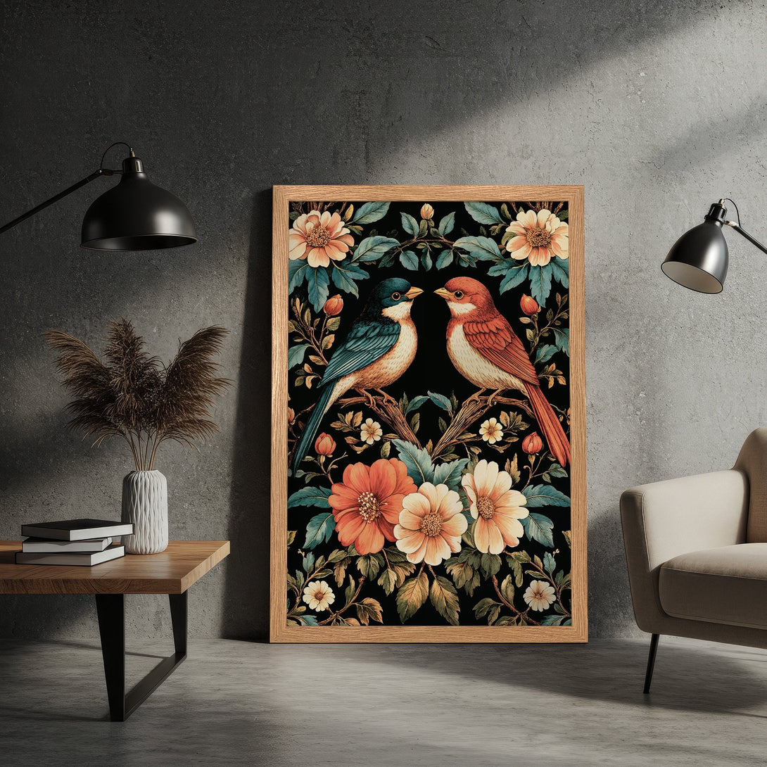 Framed Poster featuring birds and flowers in a vintage style. Earthy tones of orange, teal, and black create a stunning art print.