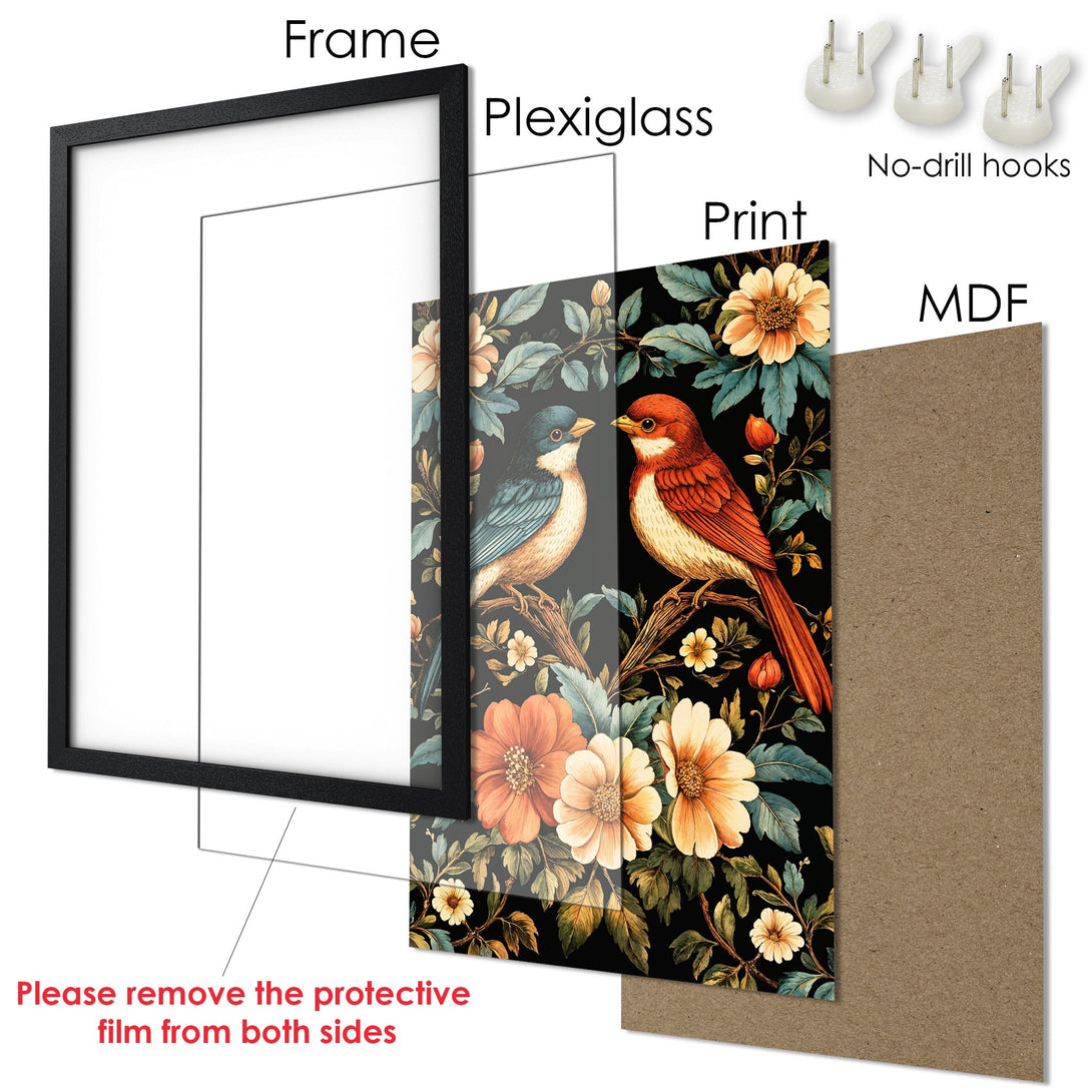 Framed Poster featuring birds & floral design. Vintage style with a black, orange, and teal color palette. Perfect wall art for your home!
