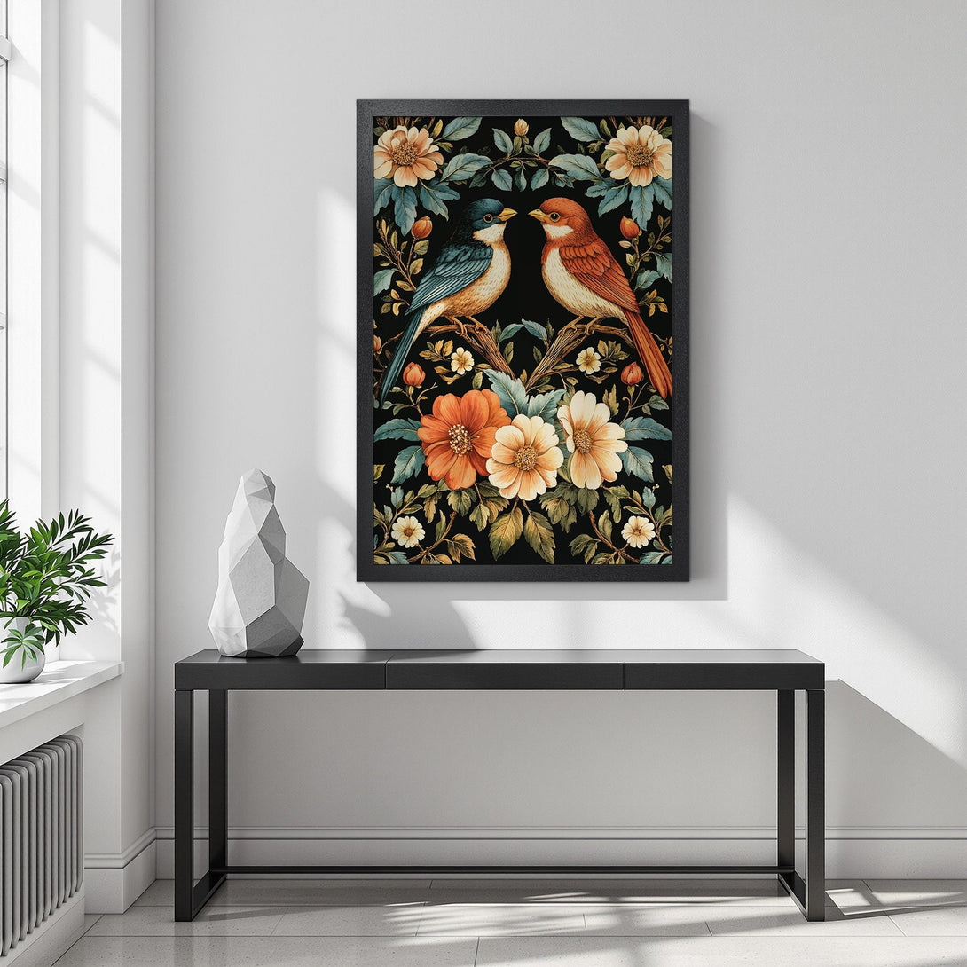 Framed Poster featuring birds and floral design in a vintage style, with a dark, rich color palette. Perfect wall art for any room!