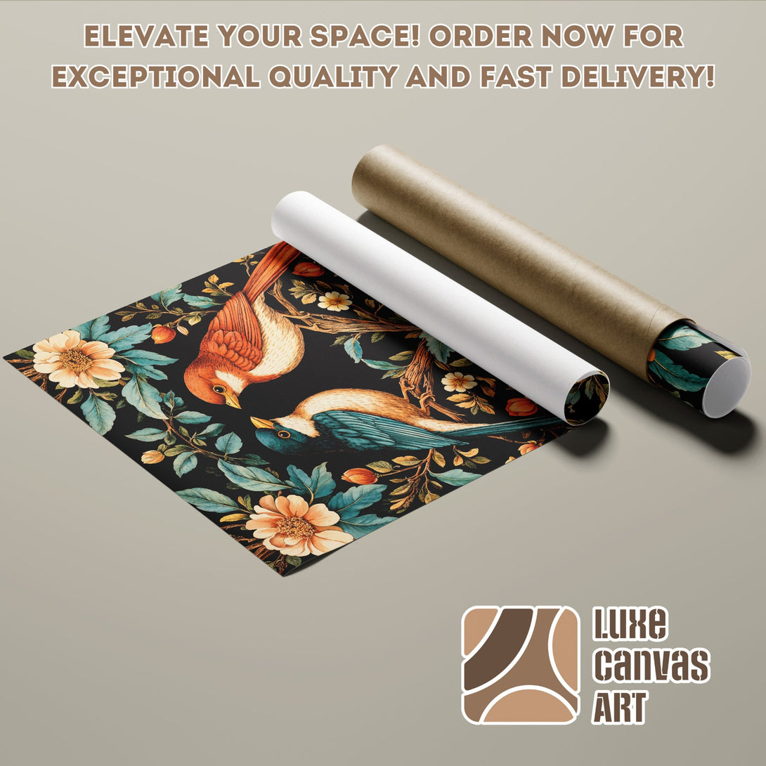Poster Roll featuring a vintage bird and floral design in a dark, moody palette. Enhance your space with this stunning art.