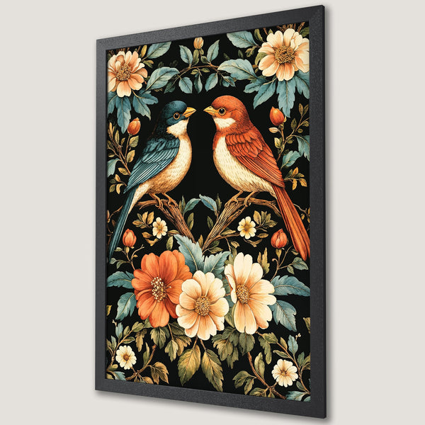 Framed Poster featuring watercolor birds & floral design. Earthy tones of orange, teal, and cream on black background. Perfect wall art!