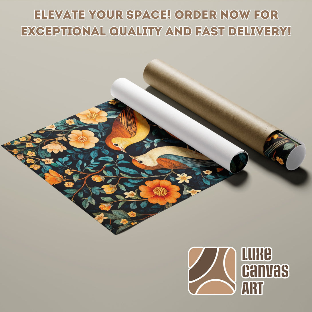 Poster Roll with floral and bird design. Vintage style, featuring a dark blue, orange, and teal color palette. Elevate your space today!