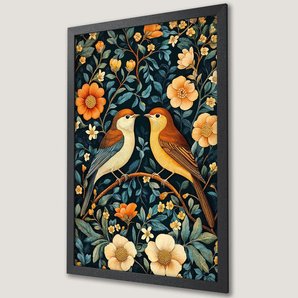 Framed Poster featuring birds on a branch, with floral design. Art Nouveau style, dark teal, orange, and yellow color palette. Perfect wall decor!