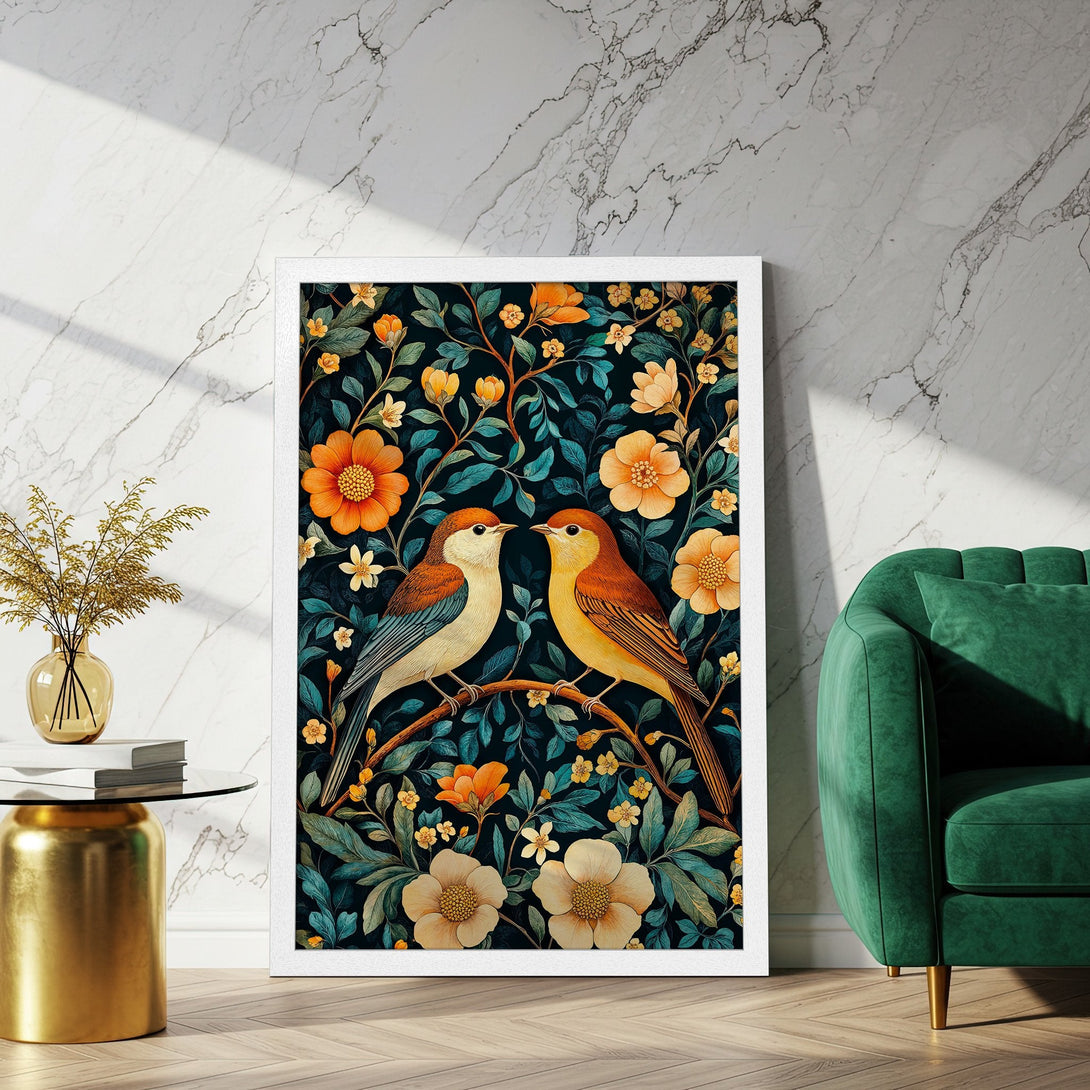 Framed Poster featuring birds and floral design in a vintage style. Rich teal, orange, and cream color palette. Perfect wall art!