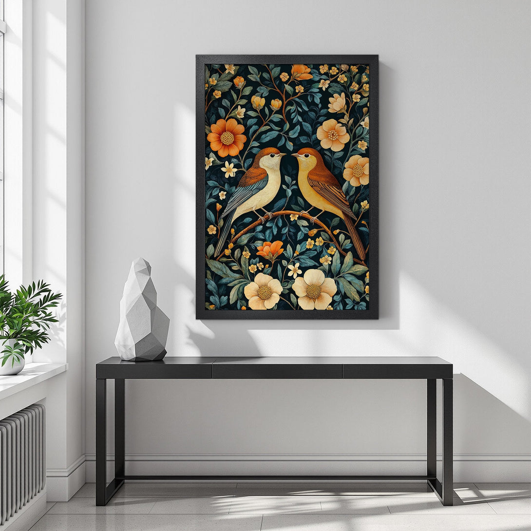 Framed Poster featuring birds & floral design in a vintage style with a dark blue, orange, and yellow color palette. Perfect wall art!
