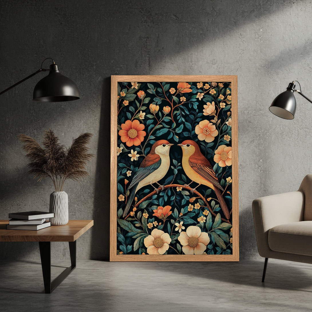 Framed Poster featuring birds and floral design in a vintage style with a dark teal, orange, and cream color palette. Perfect wall art!