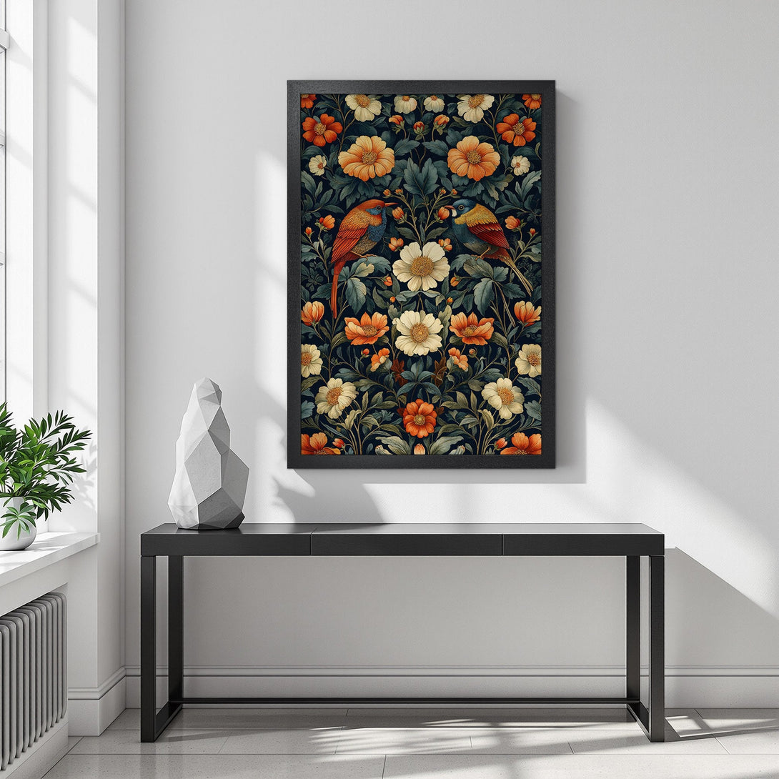 Framed Poster featuring birds and floral design. Vintage style with a dark, warm color palette. Perfect wall art for any room!