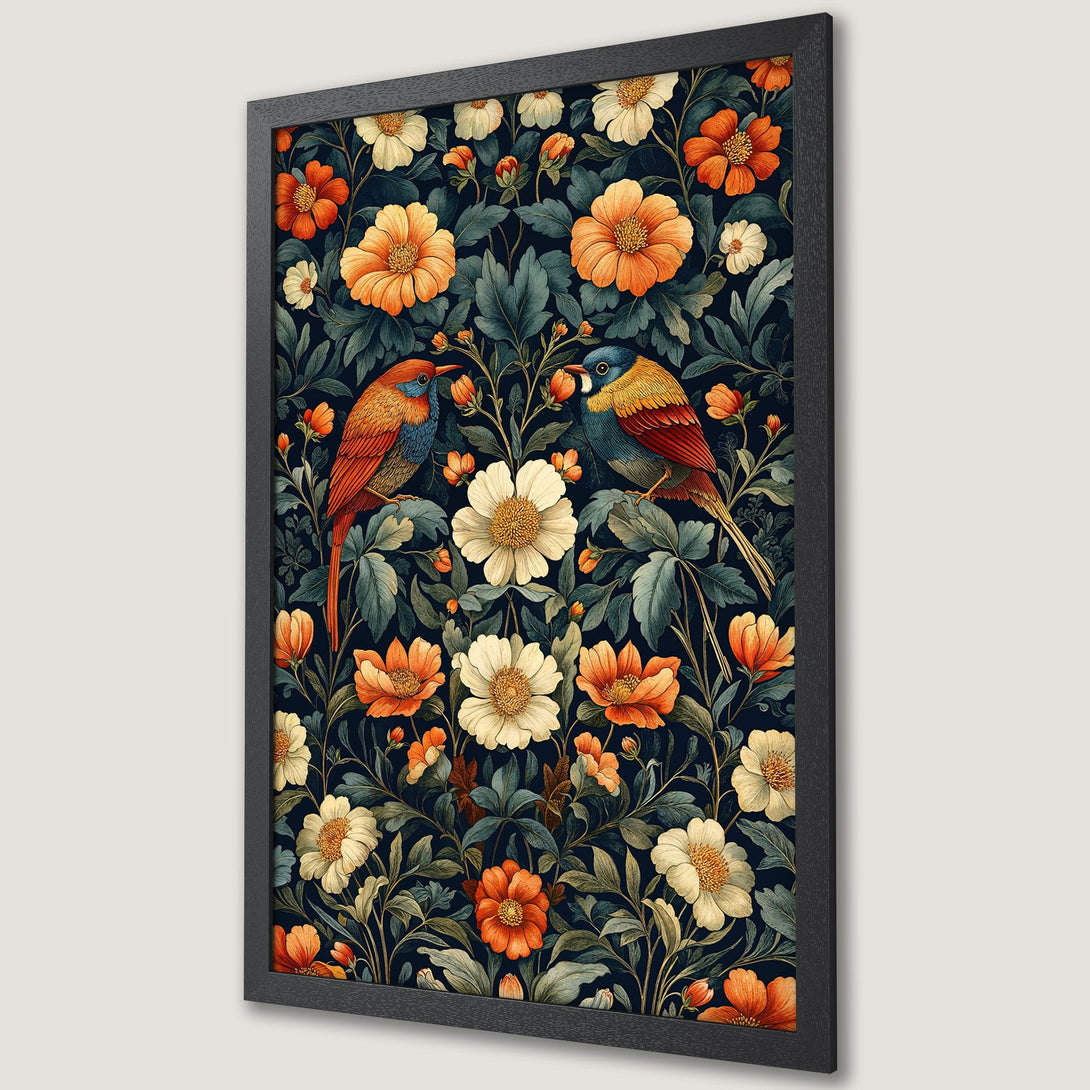 Framed Poster featuring a floral and bird design. Vintage style with a dark blue, orange, and cream color palette. Perfect wall art for your home!