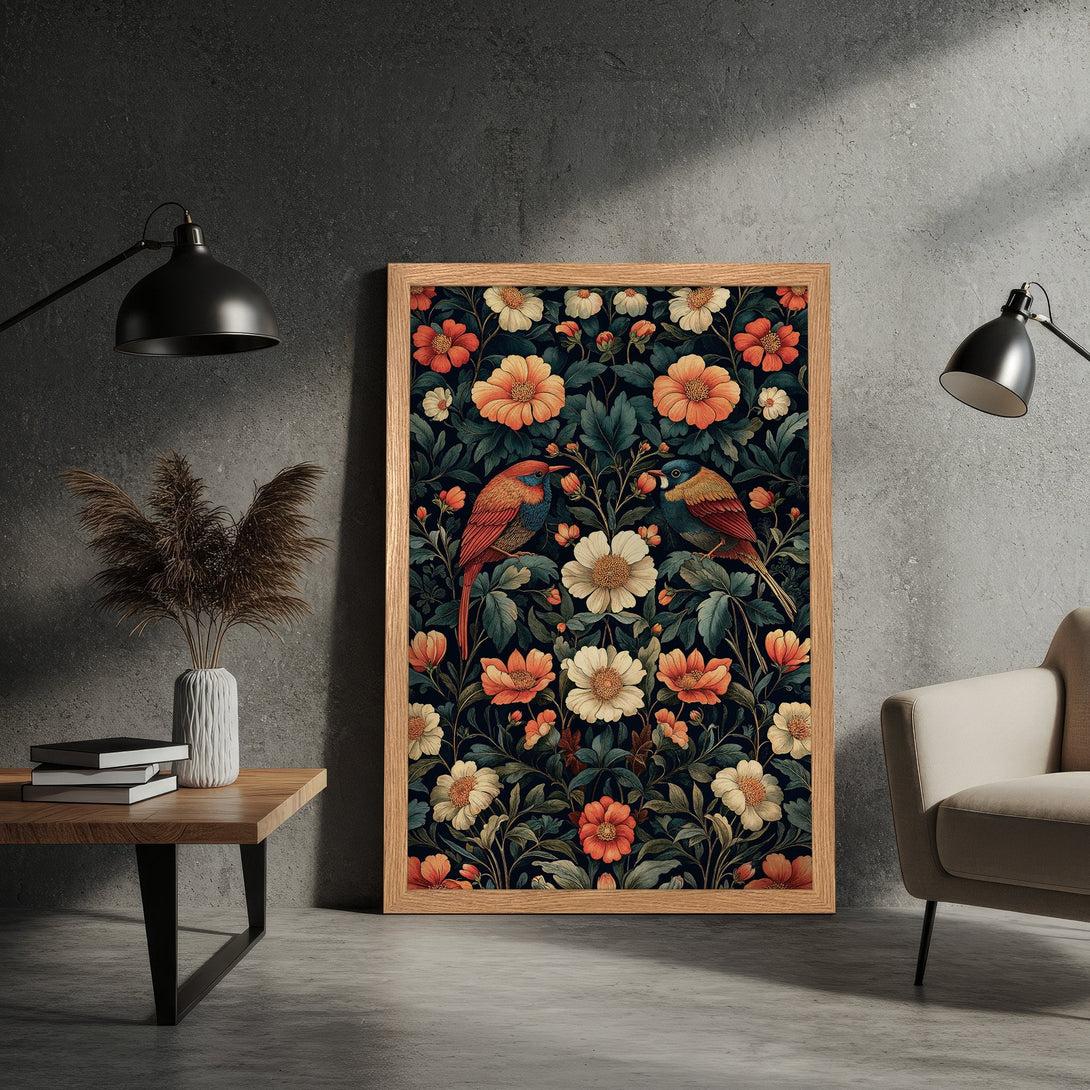 Framed Poster featuring floral and bird design in a vintage style, with a dark blue, orange, and cream color palette. Perfect wall art!