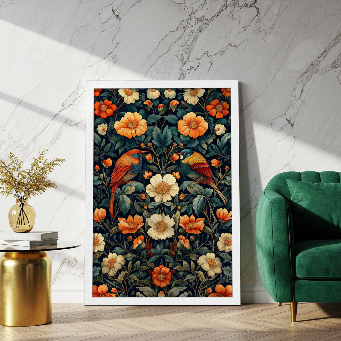 Framed Poster featuring birds and floral design in a vintage style, with a rich color palette of orange, green, and navy. Perfect wall art!