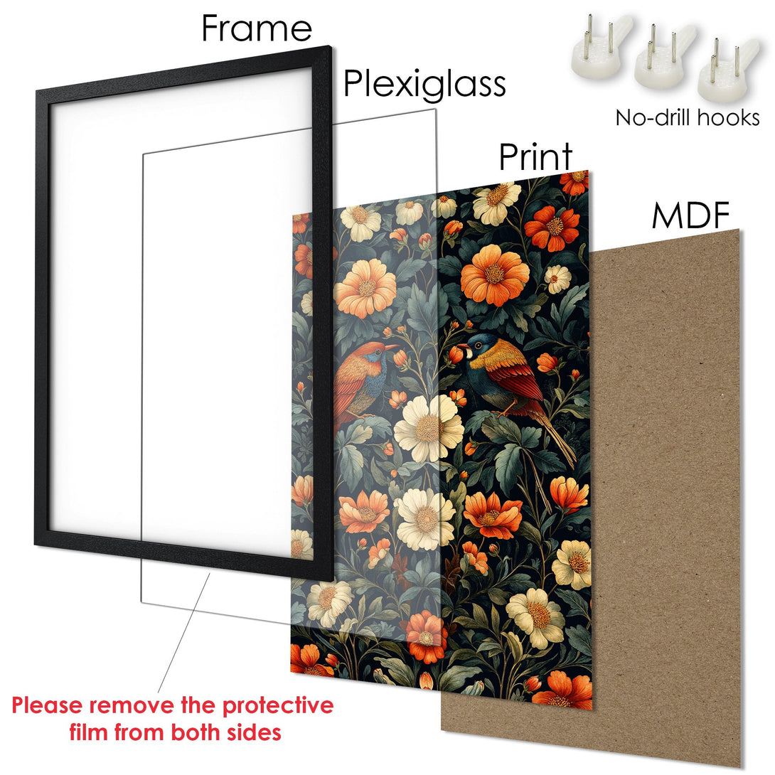 Framed Poster featuring a floral and bird design in a dark, moody color palette with orange and cream accents. Perfect wall art!