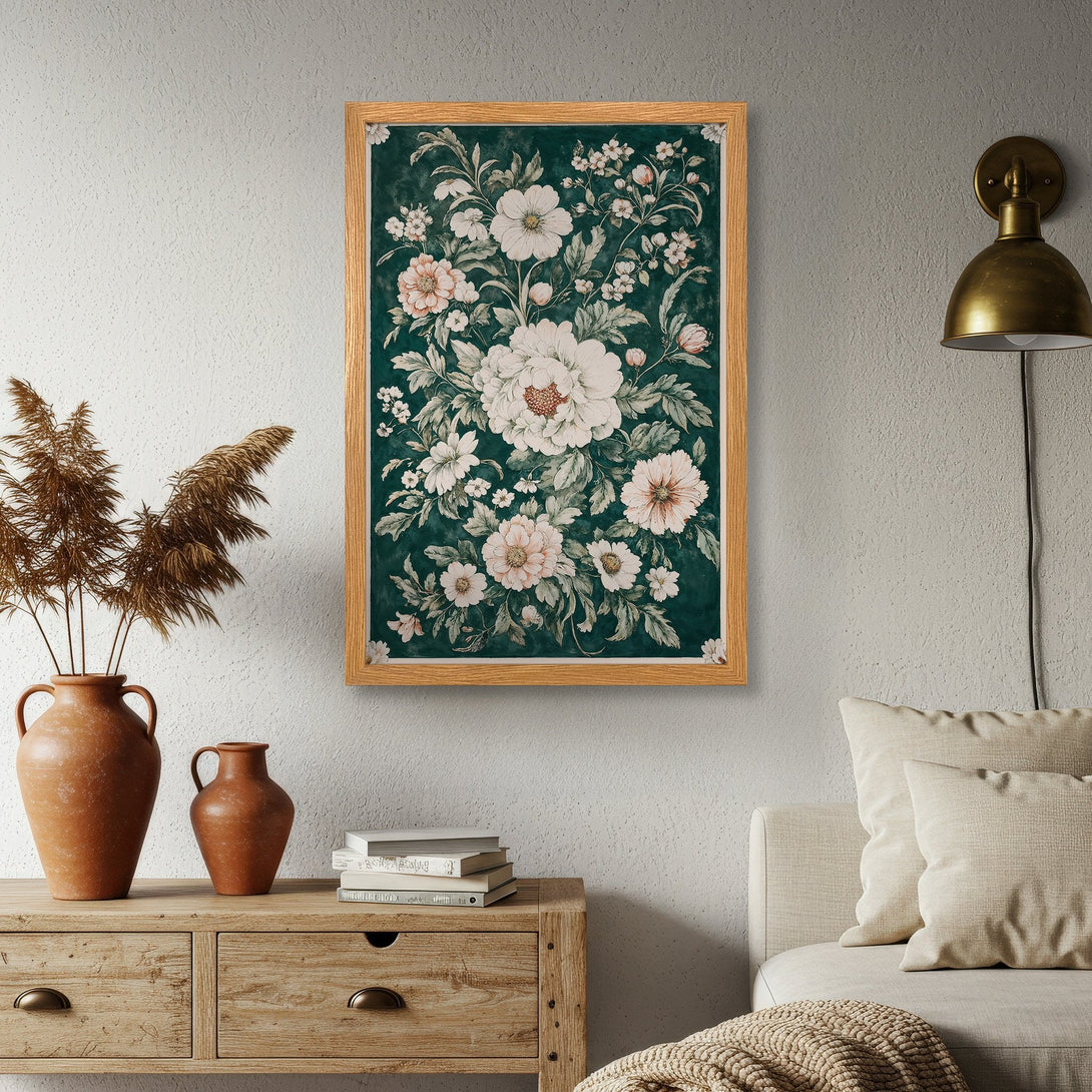 Framed Poster featuring vintage floral art in a green and cream color palette, perfect for adding a touch of elegance to your home decor.