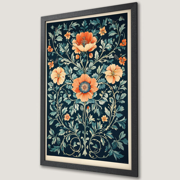 Framed Poster featuring floral design in a vintage style with a dark blue and orange color palette, perfect wall art.