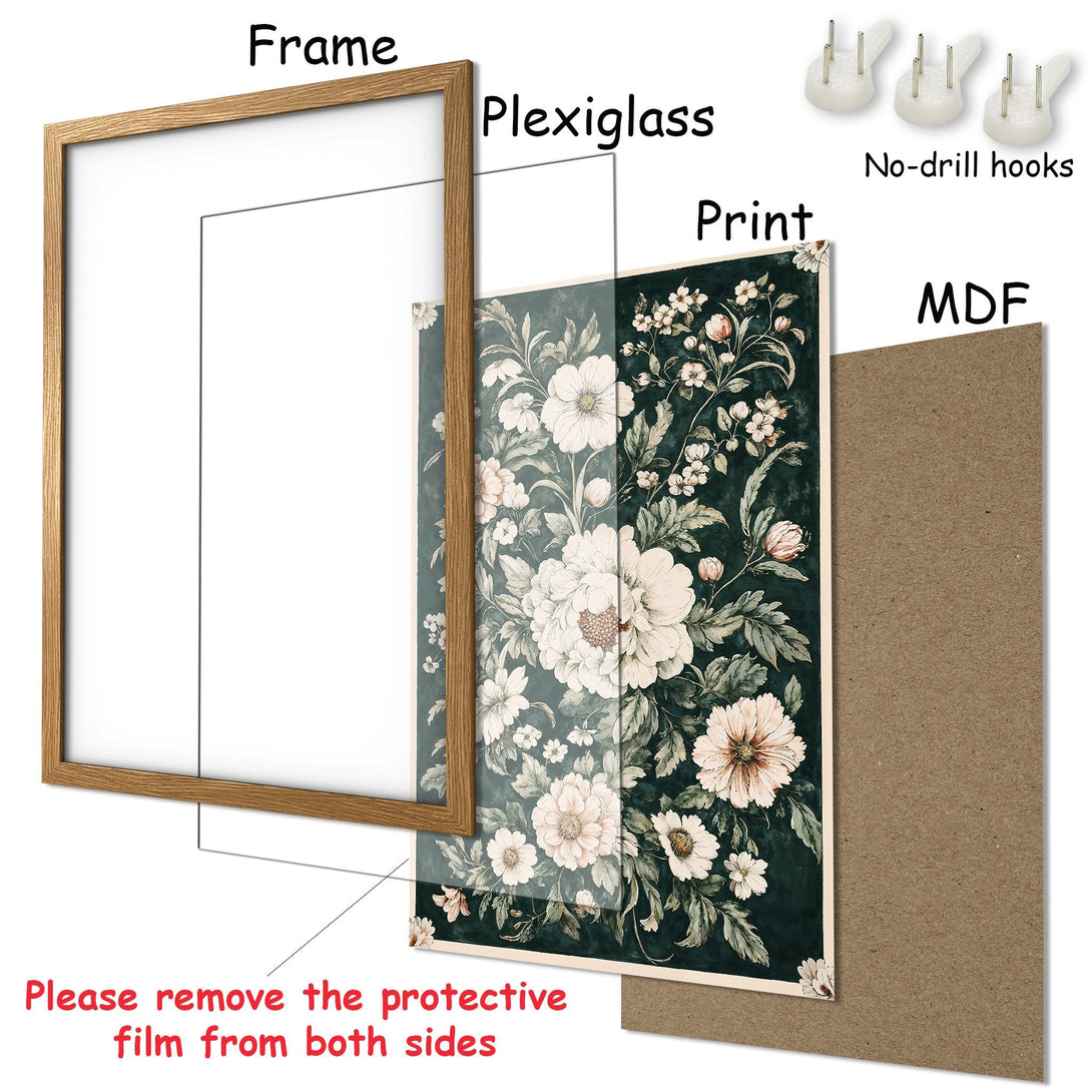 Framed Poster with floral design in green and cream. Elegant botanical art print for home decor. Includes frame, plexiglass & MDF backing.