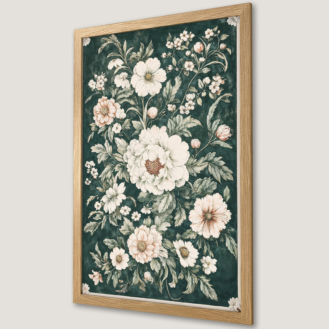 Framed Poster featuring a floral watercolor design with white and blush blooms on a dark green background. Elegant wall art.