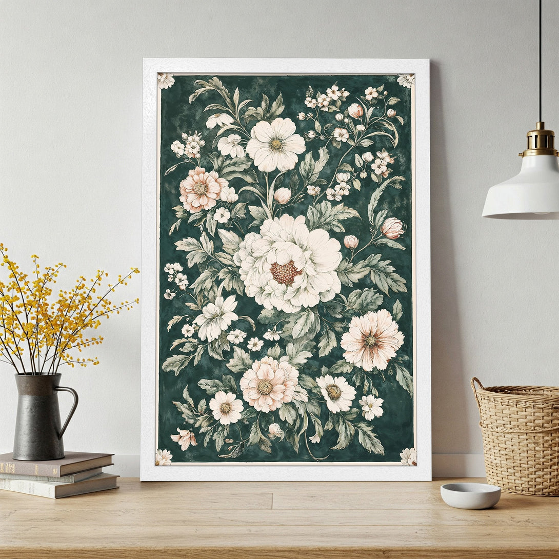 Framed Poster featuring a vintage floral design in a dark green and blush color palette. Perfect wall art for a touch of elegance.