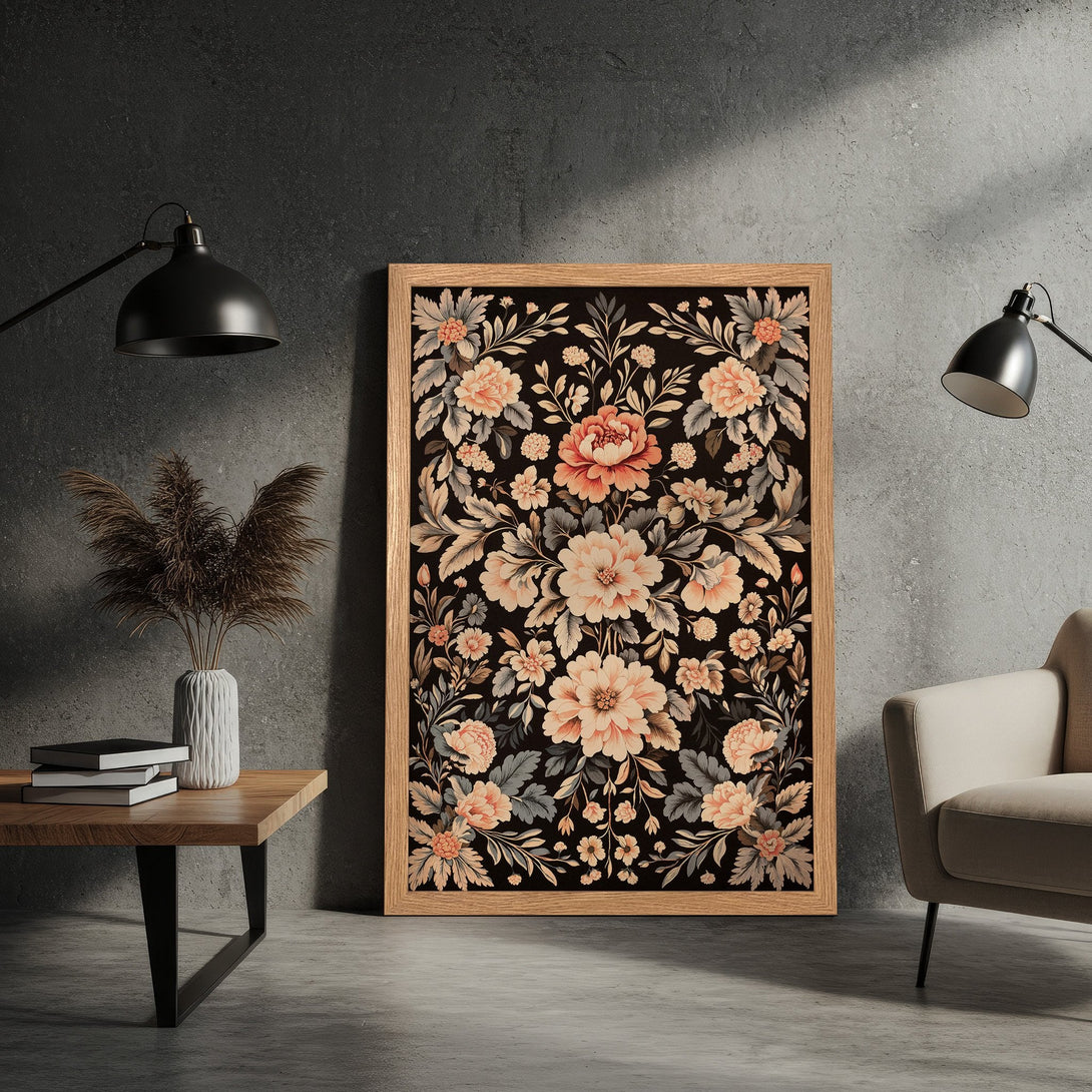 Framed Poster featuring a floral design in vintage style with a black, peach, and gray color palette. Perfect wall art!