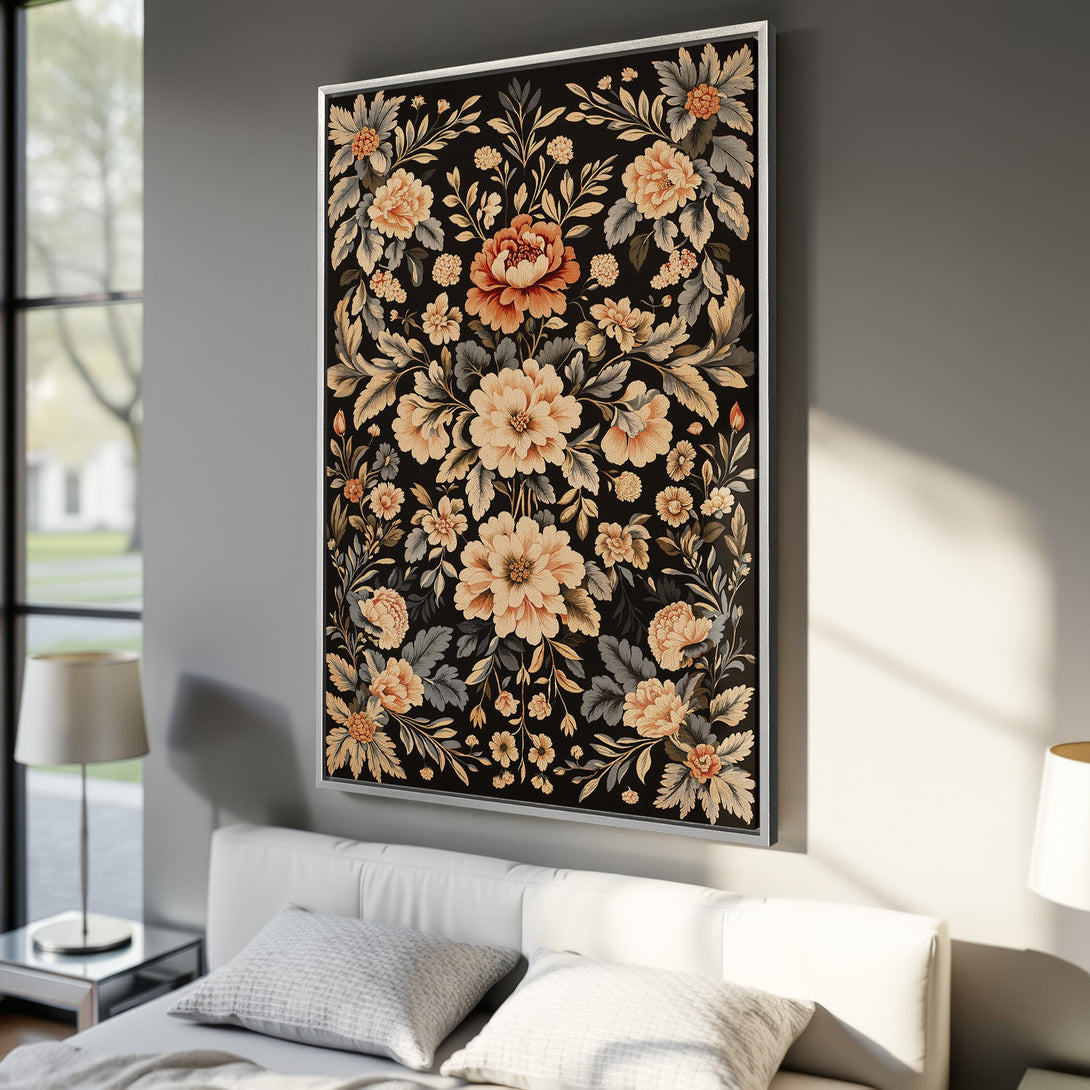 Framed Wall Art: Floral Canvas Print in a bedroom. Featuring a vintage botanical design with peach, gold, and gray tones on a black background. Perfect wall decor!