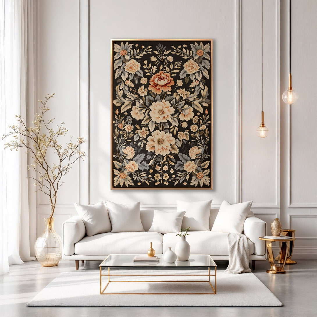 Framed Wall Art with floral design in a black, beige, and gold color palette. Elegant interior decor for a sophisticated living room.