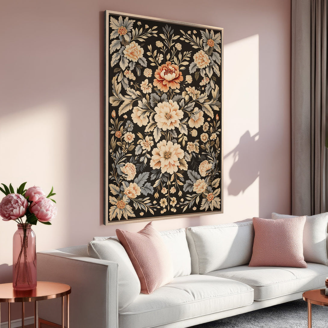 Framed Wall Art featuring a floral design in a classic style. Warm peach and cream tones pop against a black background, perfect for adding elegance to any room.