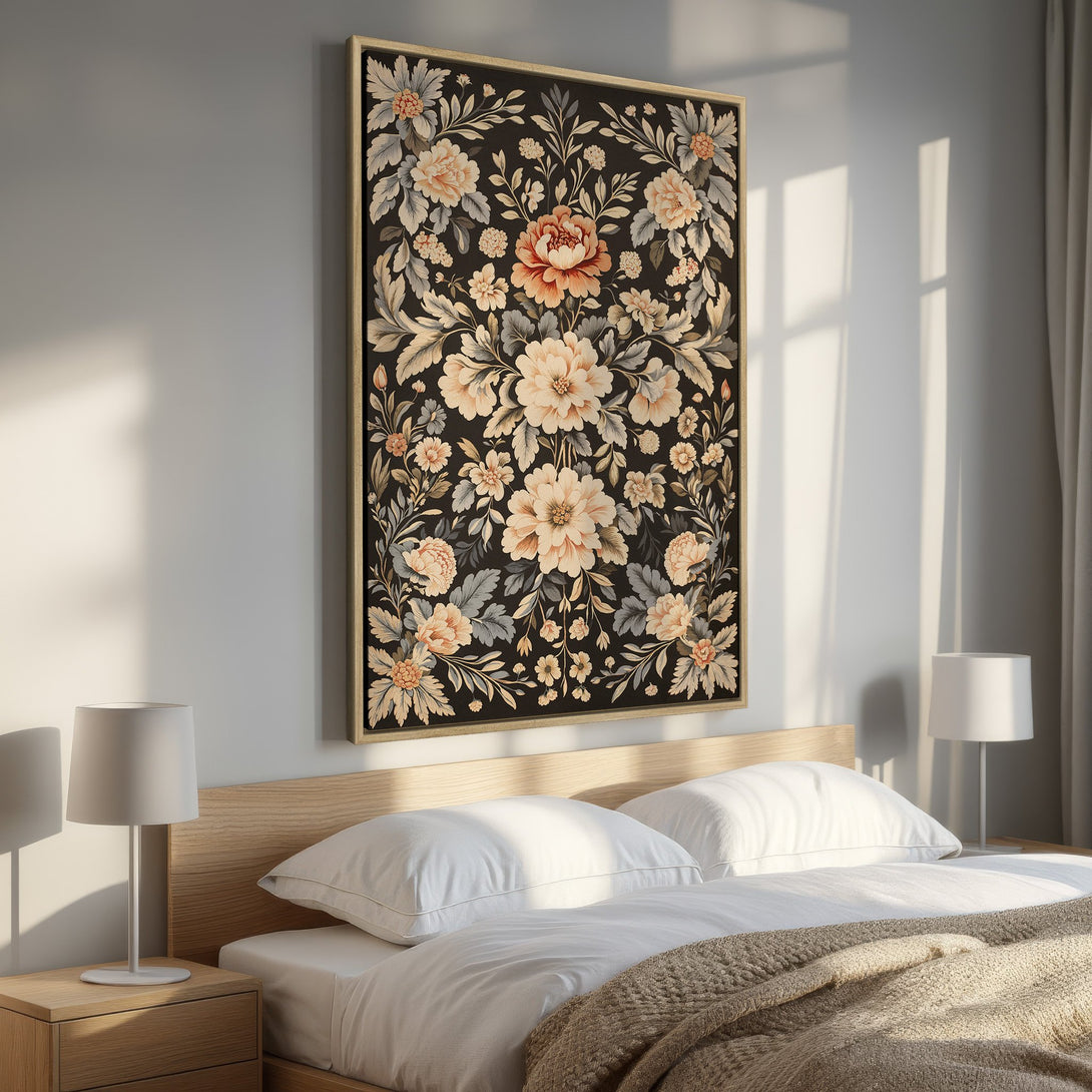 Framed Wall Art featuring a floral design in a vintage style. The color palette includes warm tones of peach and cream on a dark background. Perfect bedroom decor.