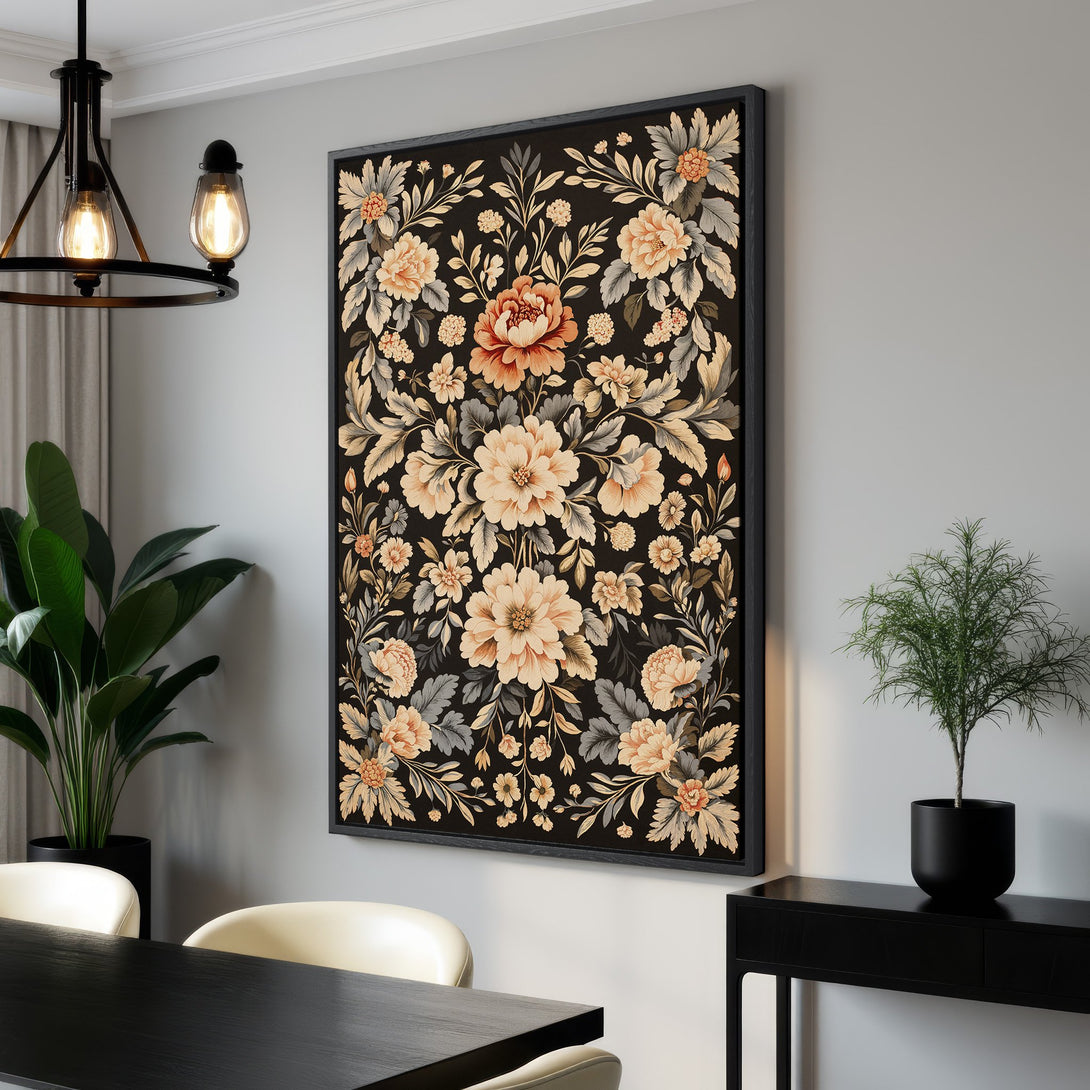 Framed Wall Art: Floral print canvas with a dark background and warm peach & cream tones. Perfect for adding elegance to your home decor.