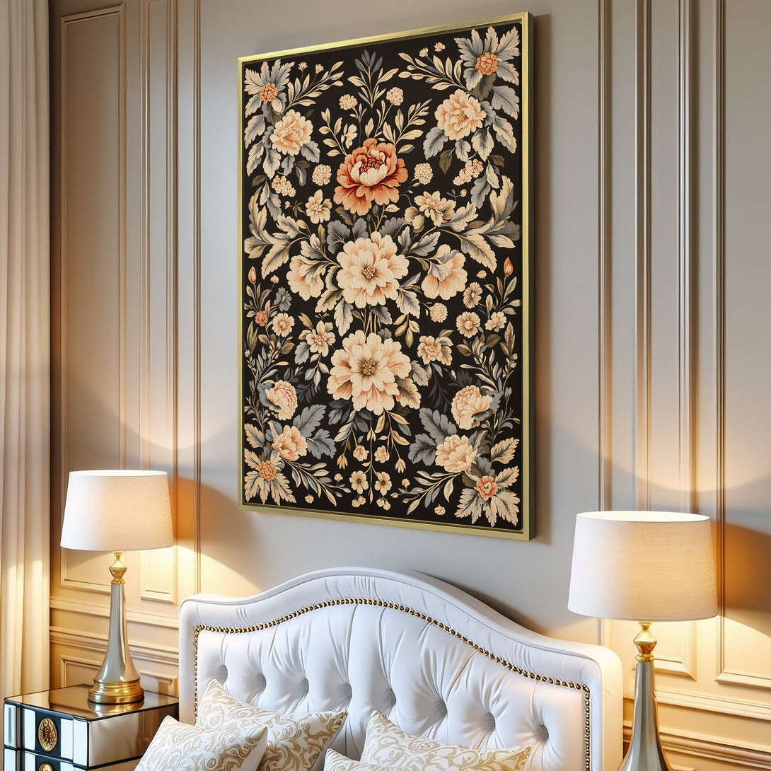 Framed Wall Art featuring a floral design in a vintage style with a warm, neutral color palette. Perfect for adding elegance to your living room!