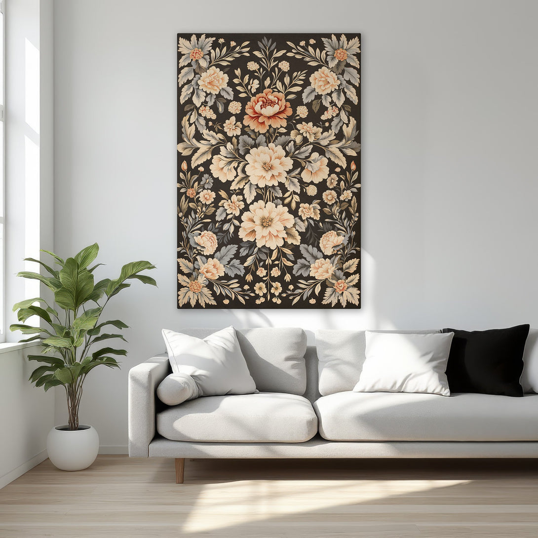 Framed Wall Art: Elegant floral Canvas Print in a bedroom. Featuring a black background with peach and cream flowers. Perfect for adding a touch of luxury.