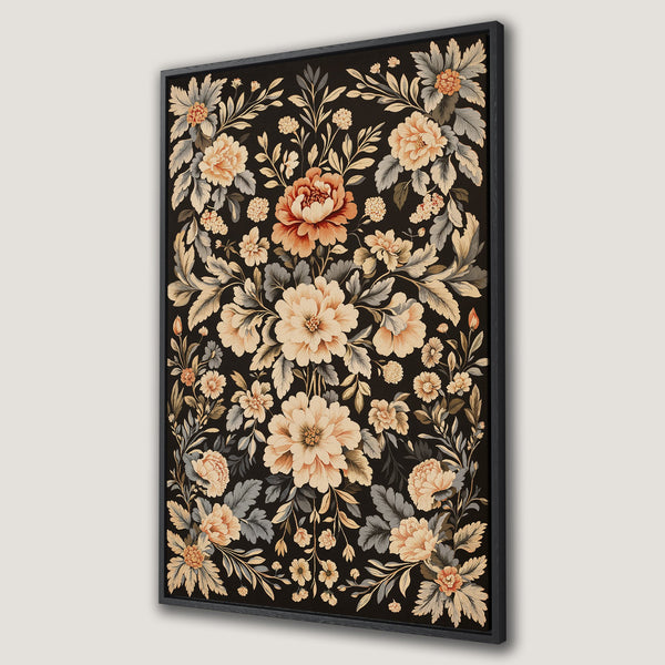 Framed Wall Art featuring a vintage floral pattern in peach, cream, and gray on a black background. Perfect for adding elegance to any space.
