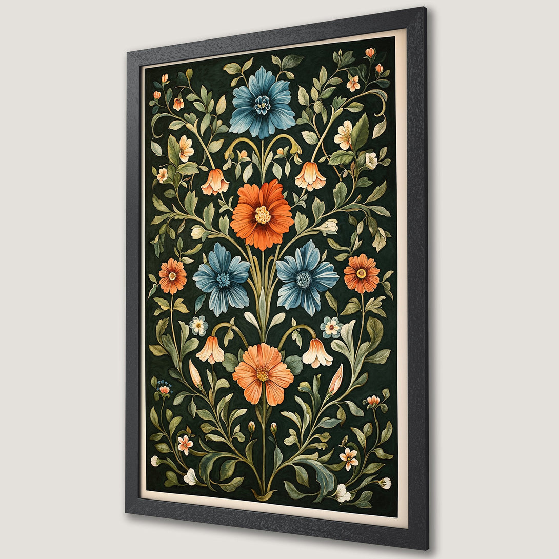 Framed Poster featuring a floral design in a vintage style with a dark green and orange color palette. Perfect wall art!