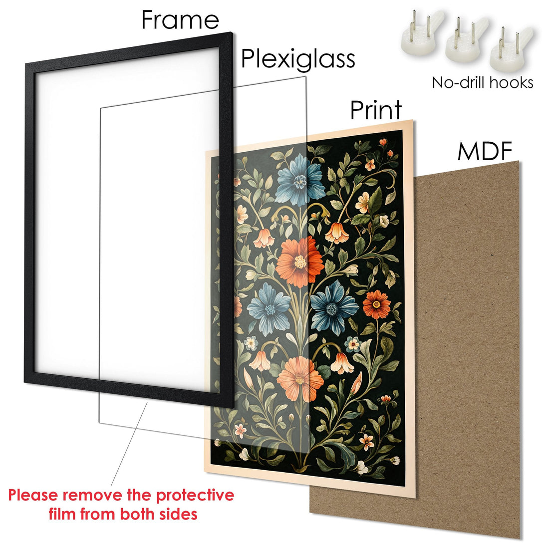 Framed Poster with floral design. Features a black frame, botanical style, and a dark green, orange, and blue color palette. Ready to hang!