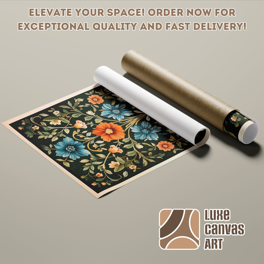 Poster Roll featuring a floral design in a dark green and orange color palette. Elevate your space with this art!