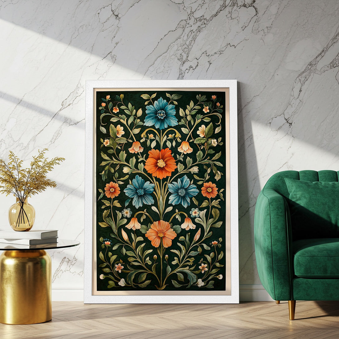 Framed Poster featuring a floral design in teal and orange, perfect for adding a touch of elegance to any space.