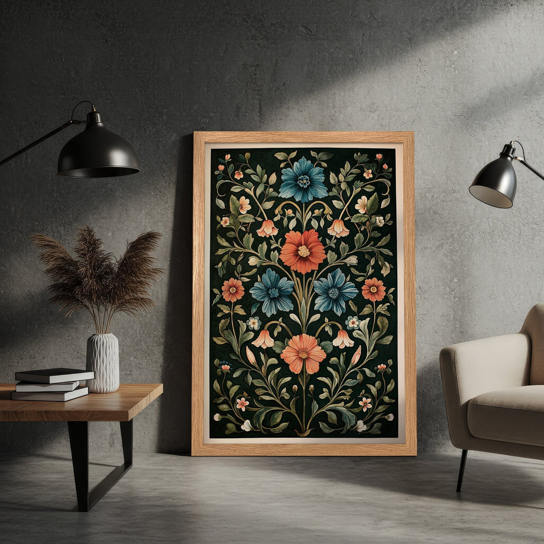 Framed Poster featuring a floral design in a vintage style with a dark green background and orange, blue, and cream colors.
