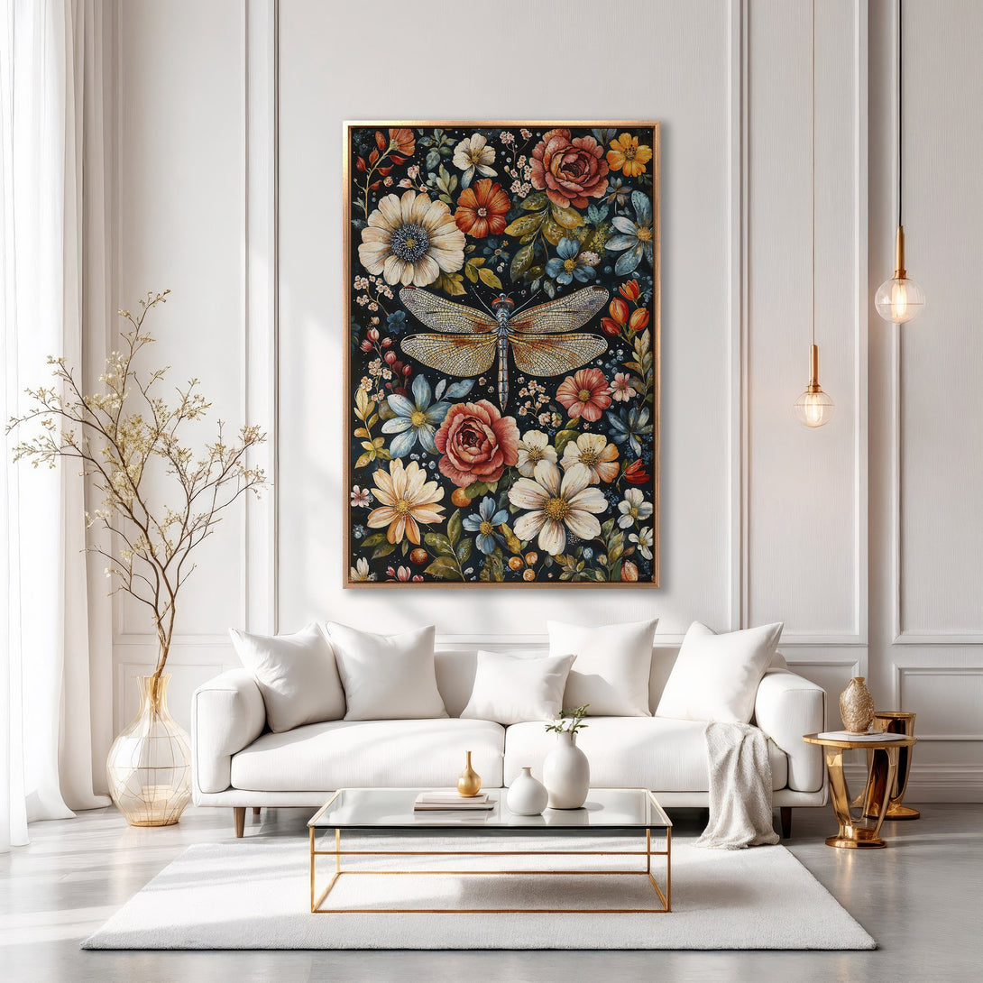 Framed Wall Art: Dragonfly and floral art print in a modern living room. Features a vibrant, colorful palette with a dark background. Perfect for home decor.