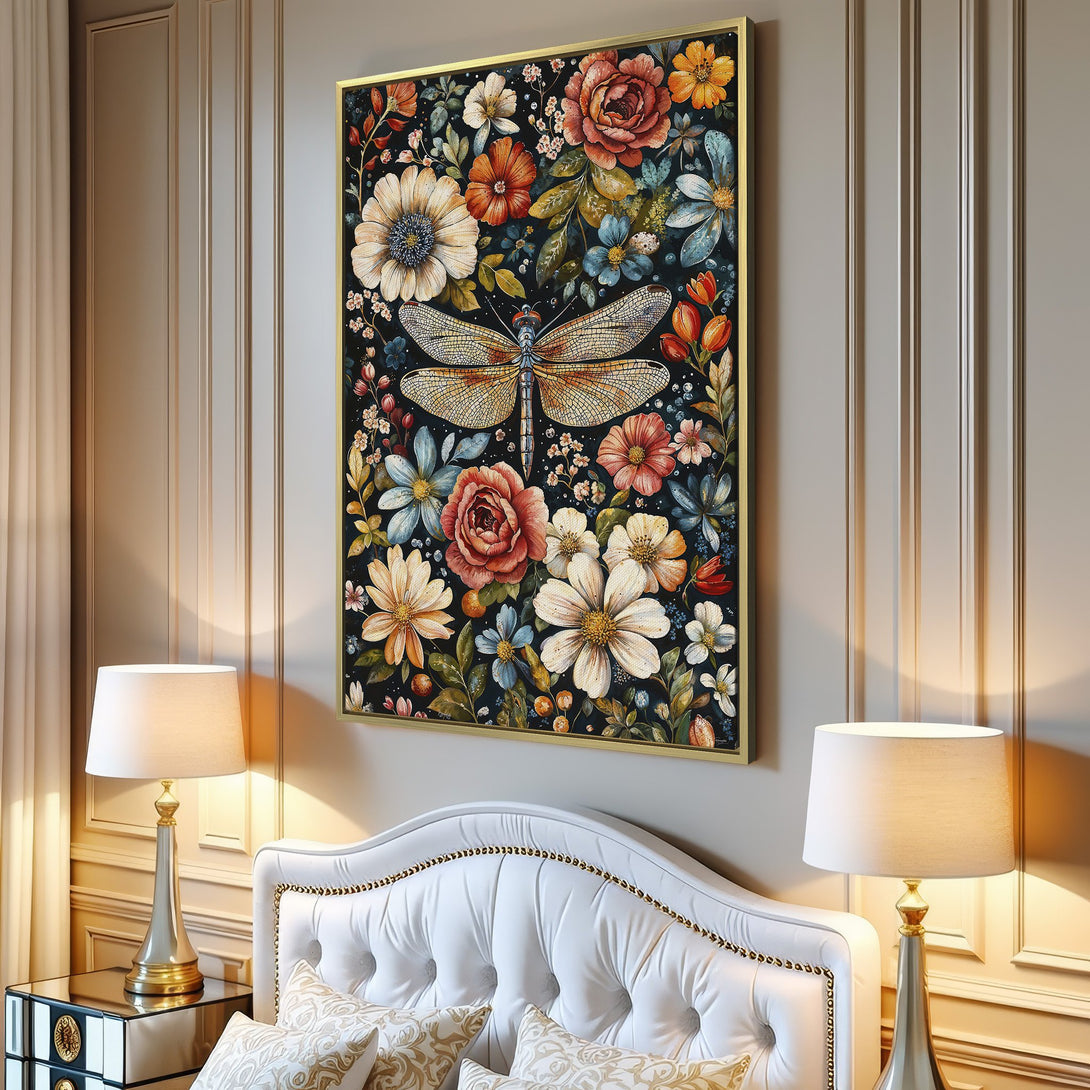 Canvas Print featuring a dragonfly amidst colorful floral art. Watercolor style with a rich, dark blue and warm, earthy palette. Perfect wall decor!