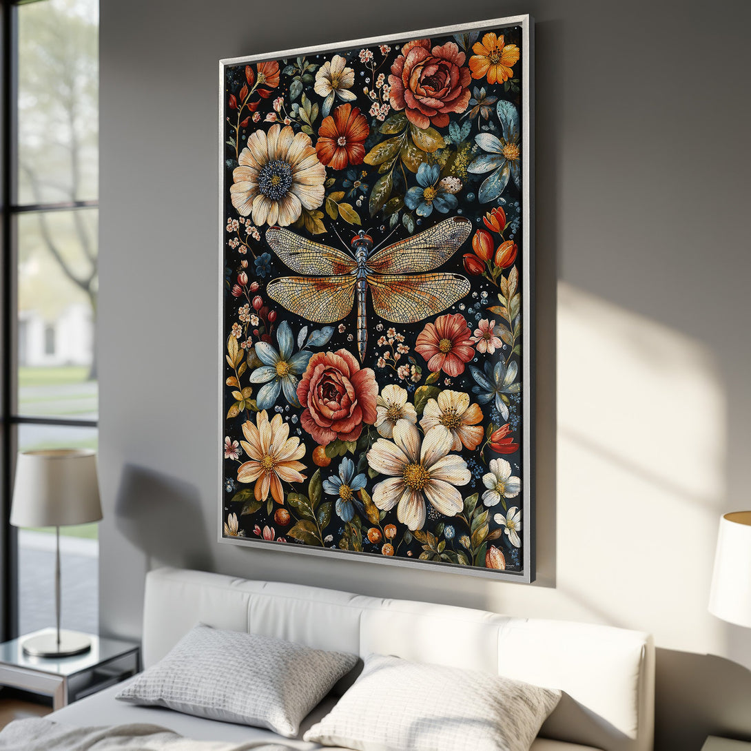 Framed Wall Art featuring a dragonfly and floral watercolor design. Earthy tones with pops of orange, blue, and white on a dark background. Perfect for bedroom decor.